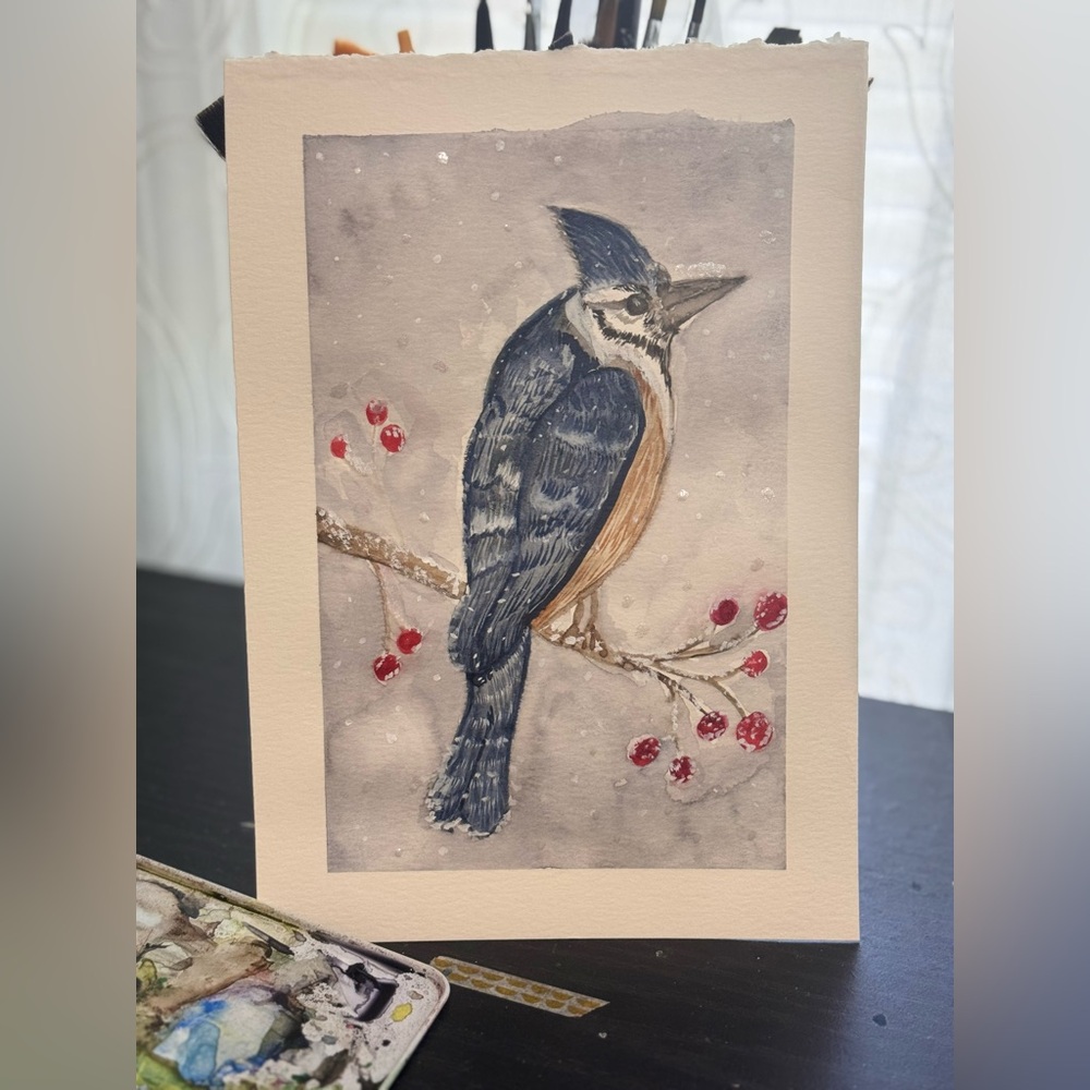 Winter bird watercolor painting